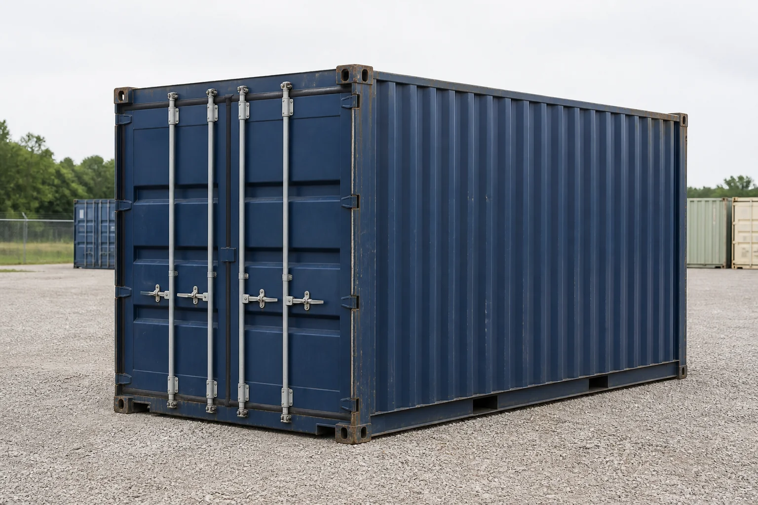 Example of a blue 20 ft standard shipping container in a gravel yard.
