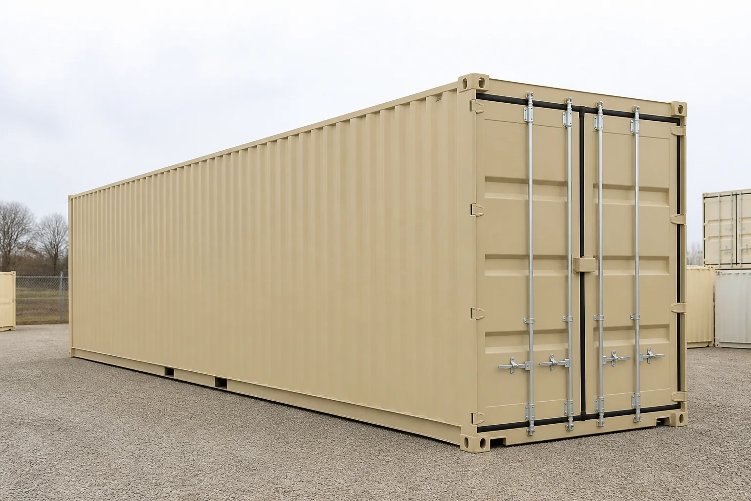 Example of a tan 40 ft high-cube shipping container in a gravel yard.