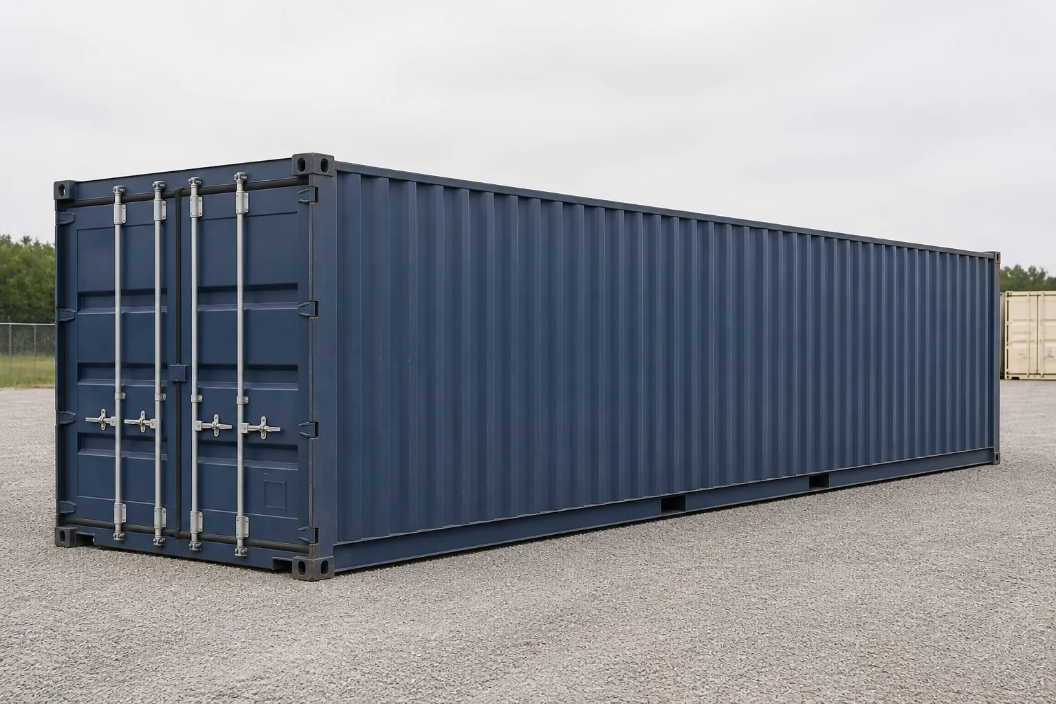 Illustrative example of a blue 40 ft standard shipping container in a gravel yard.