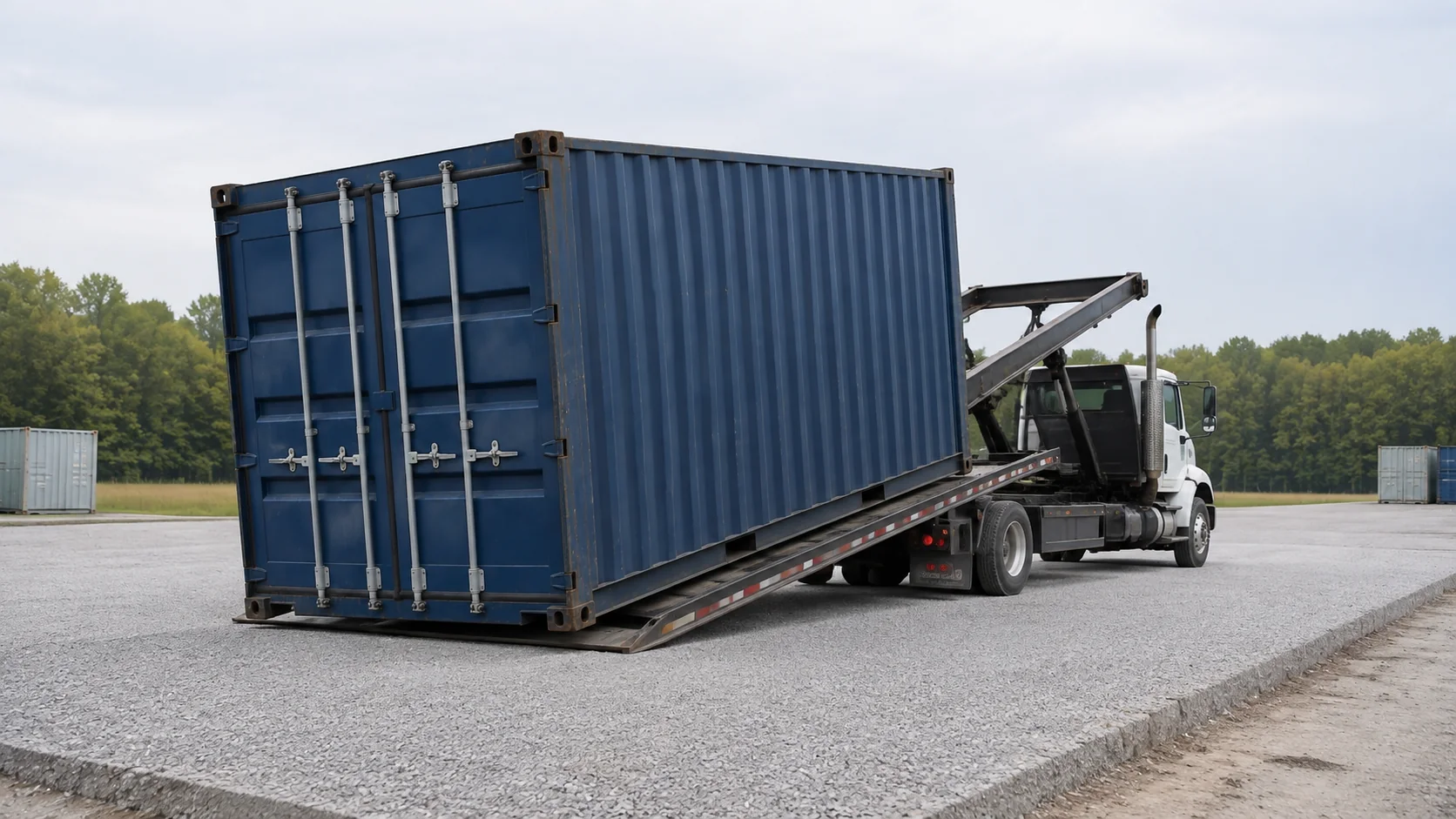 Illustrative example of a tilt-bed truck placing a shipping container on a prepared gravel pad.